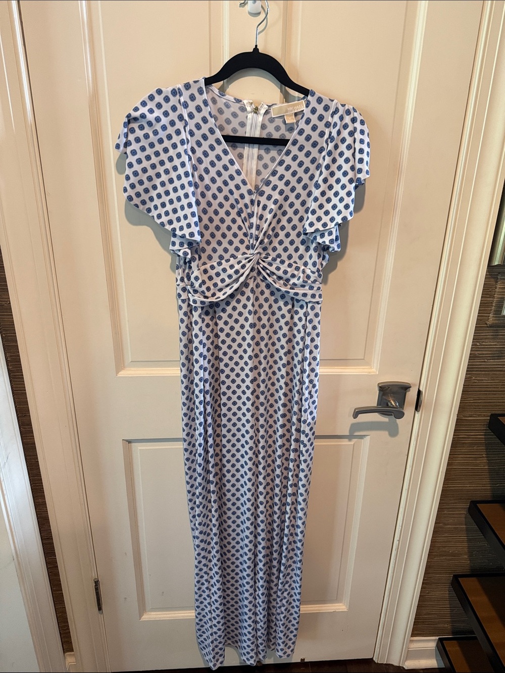Michael Kors Light Blue Polka Dot Twist-Front jumpsuit.